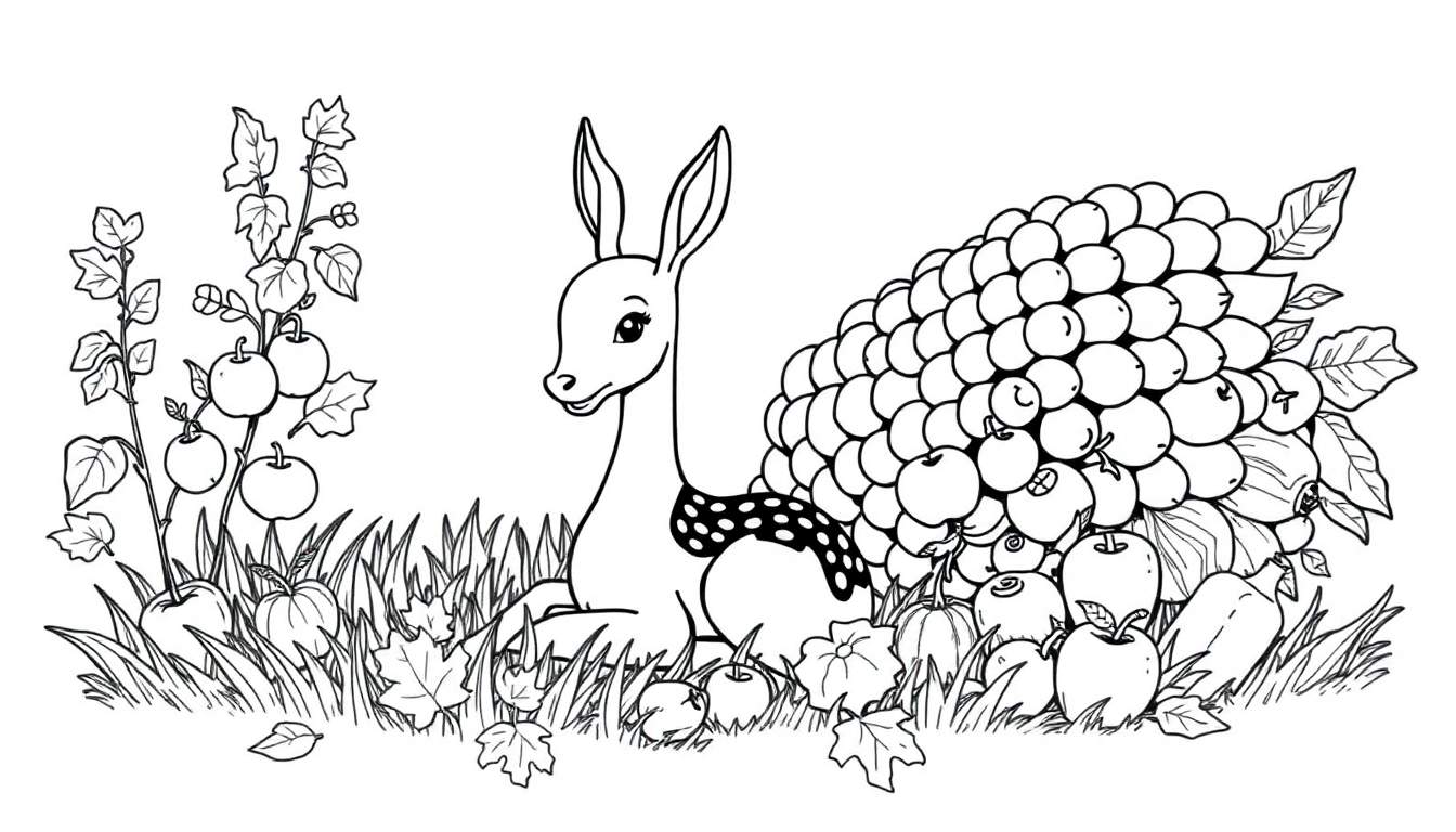 Petit cerf mignon avec un nœud papillon dans un paysage d'automne, prêt à être colorié.