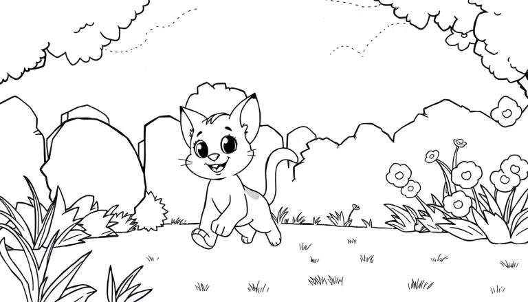Un chat souriant se promène dans un jardin avec des fleurs et de l'herbe, un color panel à remplir.