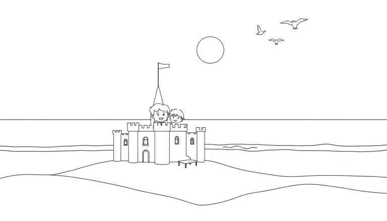 Illustration au trait d'un château de sable sur une plage avec deux enfants, l'océan et le soleil.