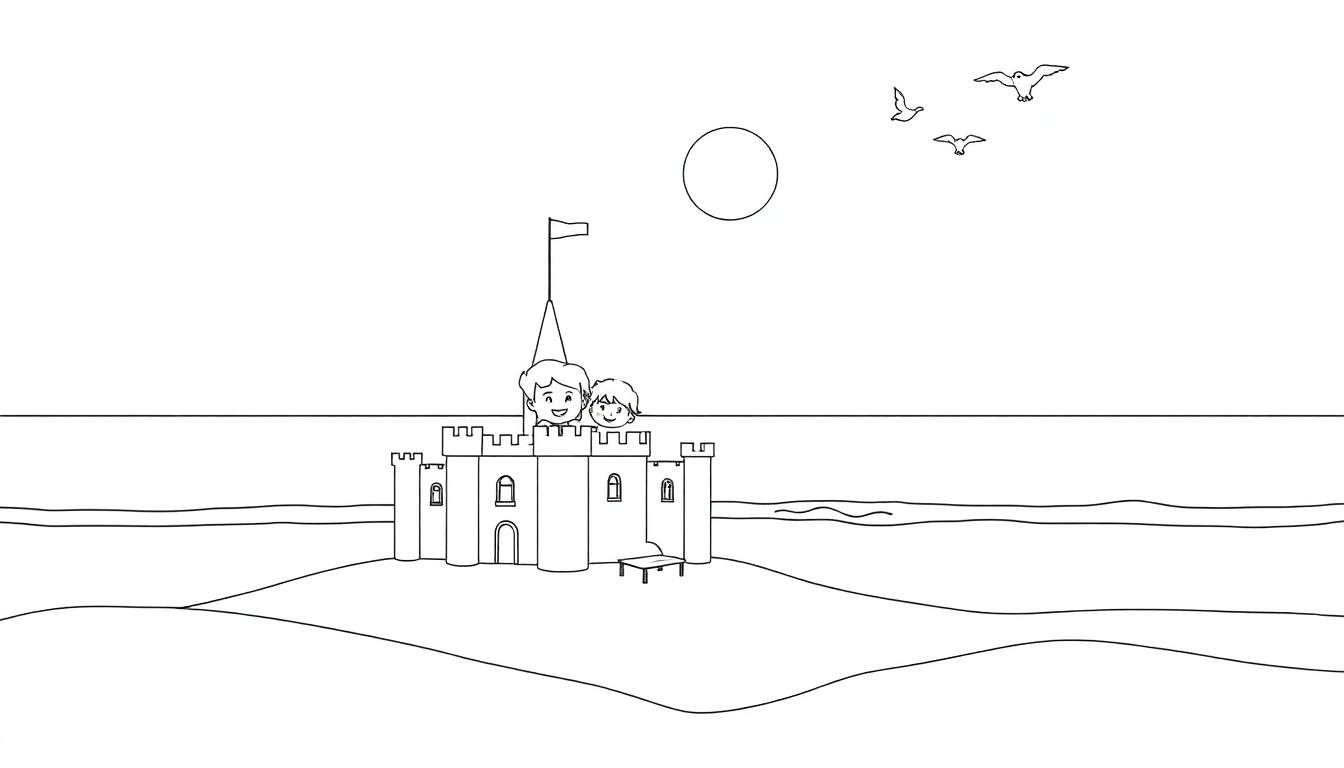 Illustration au trait d'un château de sable sur une plage avec deux enfants, l'océan et le soleil.