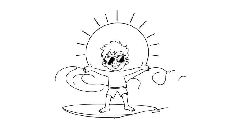 Dessin en noir et blanc d'un garçon souriant surfant, avec un soleil et des vagues, prêt pour le color panel.