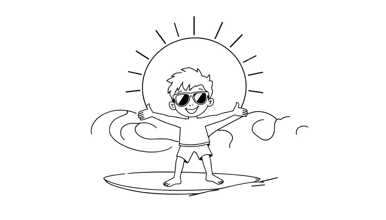Dessin en noir et blanc d'un garçon souriant surfant, avec un soleil et des vagues, prêt pour le color panel.