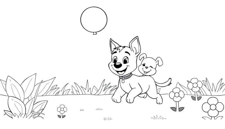 Un chiot souriant avec un ballon dans un jardin. Color panel.