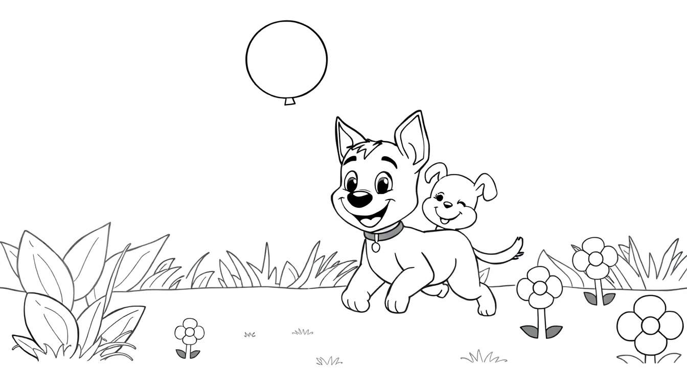 Un chiot souriant avec un ballon dans un jardin. Color panel.