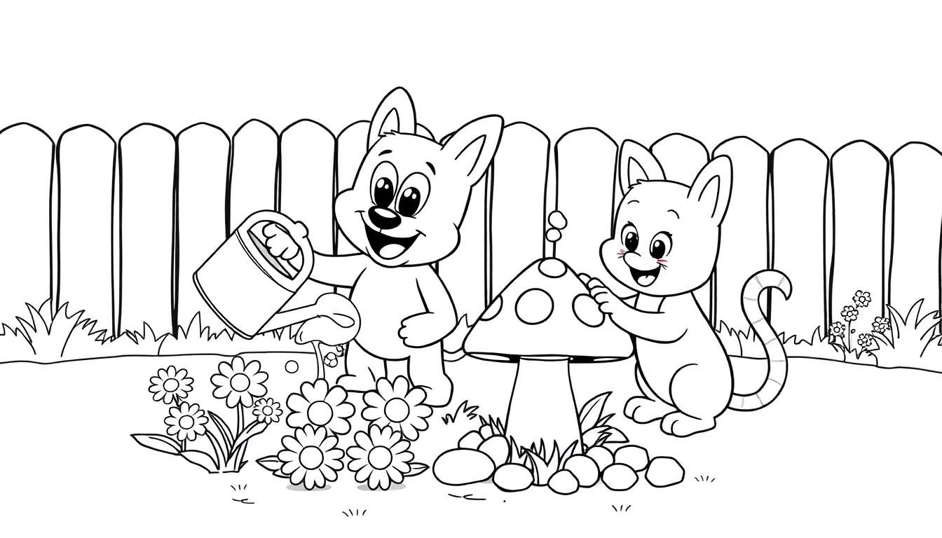 Une plaque de couleur en noir et blanc de deux chats dans un jardin.