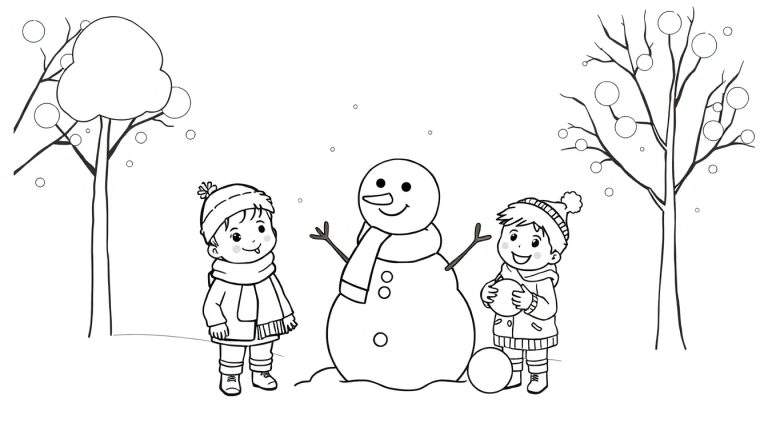 Dessin au trait d'enfants construisant un bonhomme de neige dans un paysage hivernal, prêt pour le color panel.