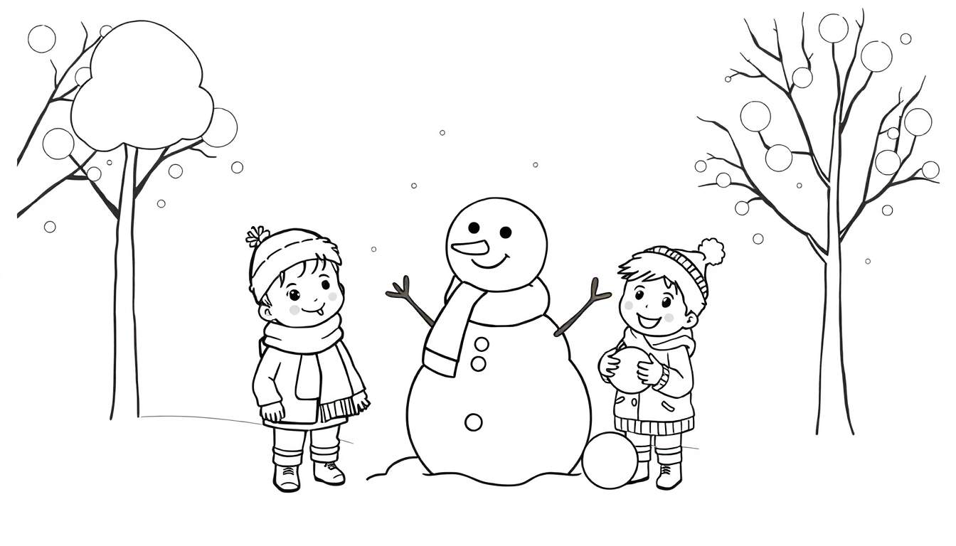 Dessin au trait d'enfants construisant un bonhomme de neige dans un paysage hivernal, prêt pour le color panel.