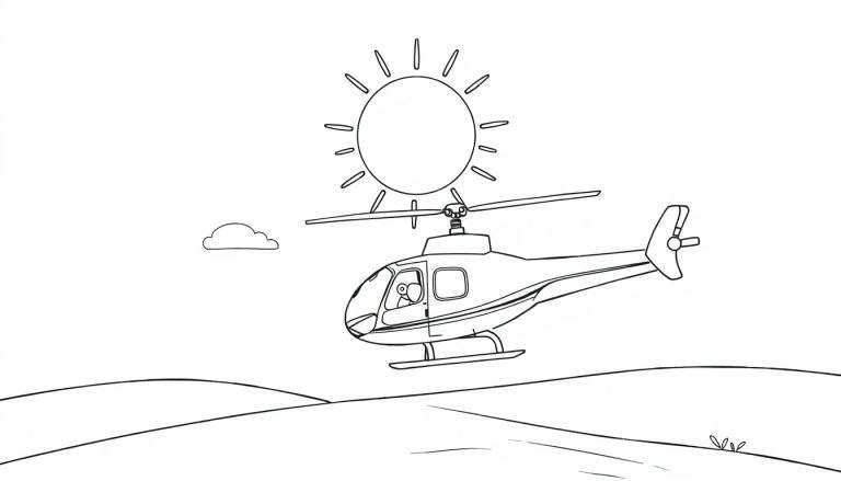 Dessin au trait d'un hélicoptère volant dans un ciel bleu avec un soleil souriant et un nuage. Le paysage en dessous est vallonné avec de l'herbe.