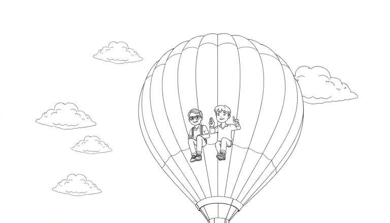 Dessin au trait d'une montgolfière avec un color panel visible, transportant deux personnes souriantes dans le ciel avec des nuages.
