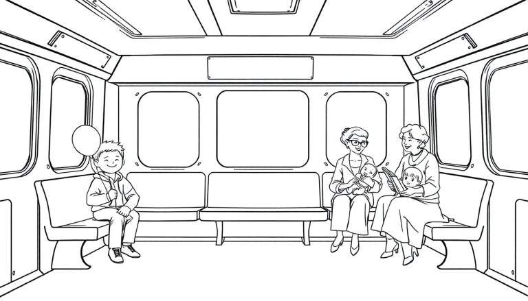 Un dessin au trait d'un wagon de métro avec des passagers, idéal pour le color panel.