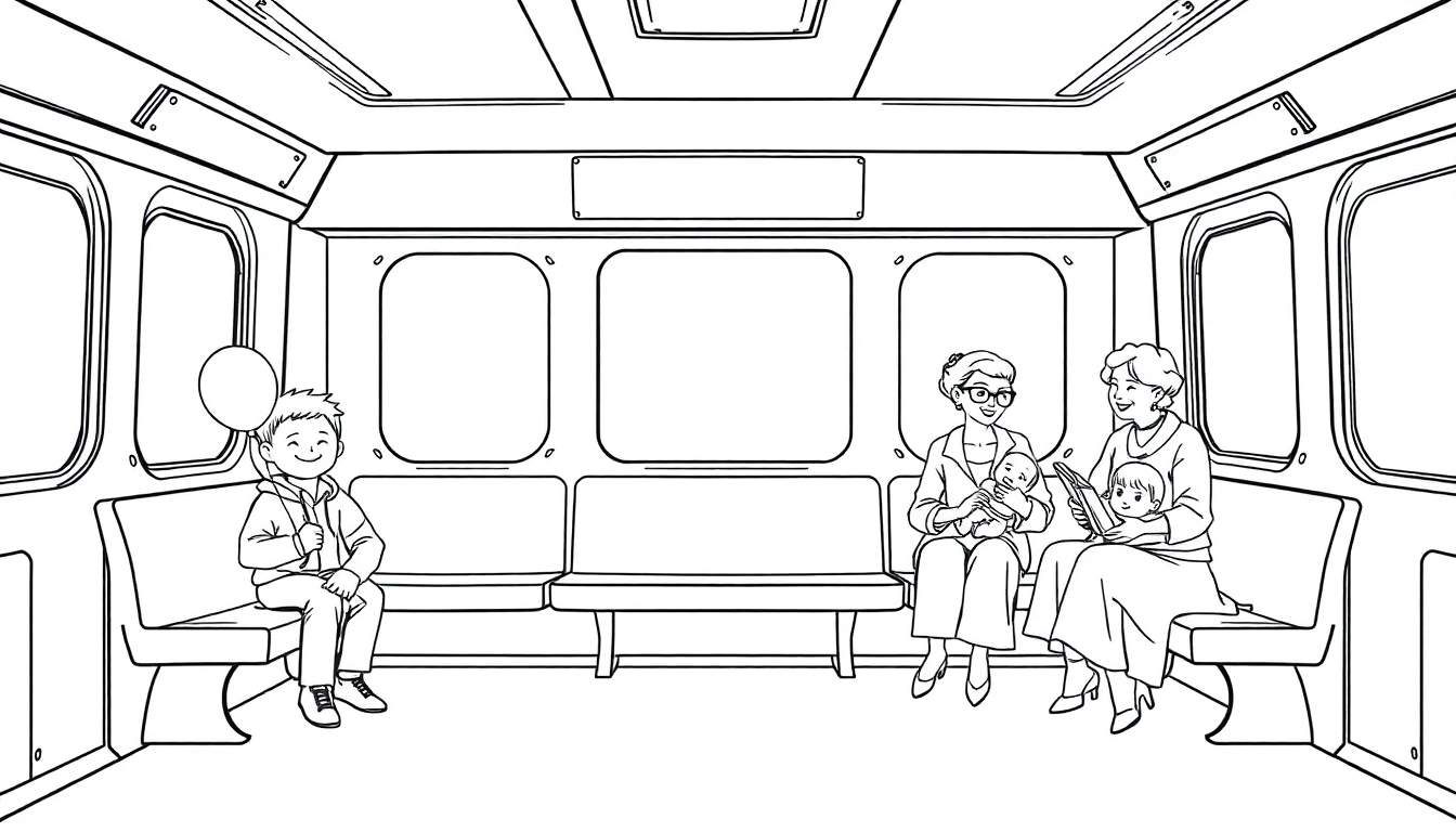Un dessin au trait d'un wagon de métro avec des passagers, idéal pour le color panel.