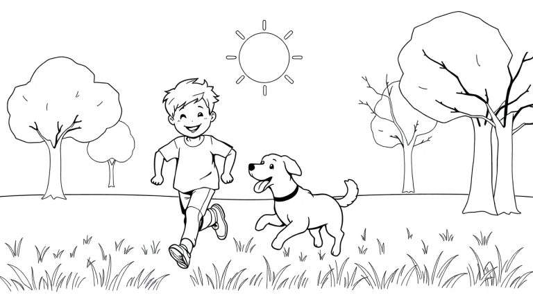 Un garçon joyeux courant avec son chien dans un parc ensoleillé, sous un ciel bleu et nuageux, avec des arbres verts et une étendue d'herbe.