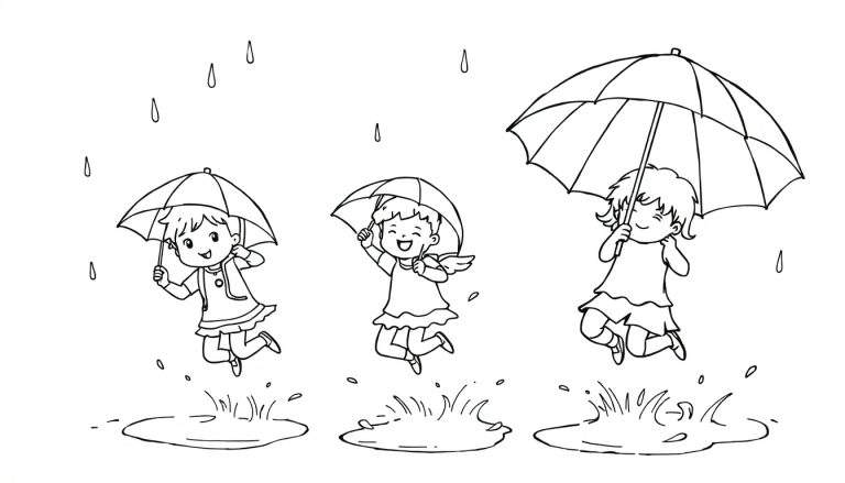 Trois petites filles sautent dans des flaques d'eau avec des parapluies, un dessin noir et blanc.