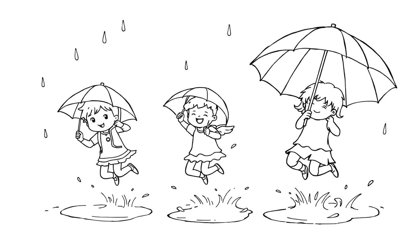 Trois petites filles sautent dans des flaques d'eau avec des parapluies, un dessin noir et blanc.