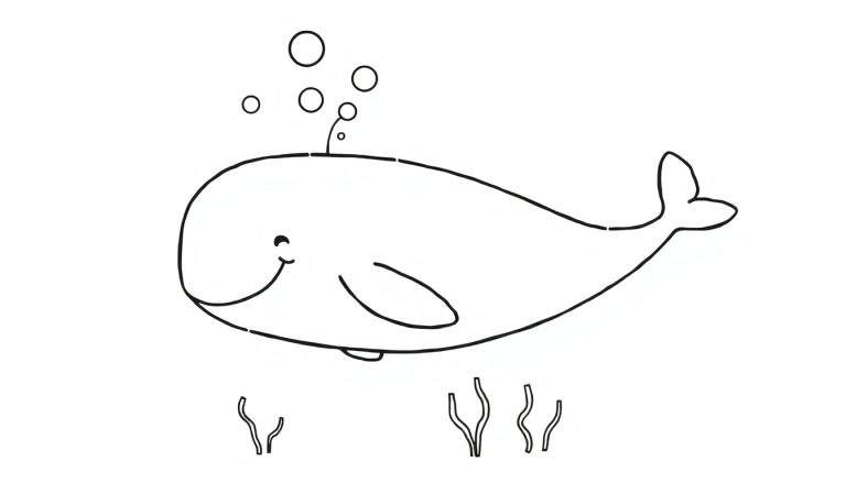 Dessin au trait d'une baleine amicale soufflant des bulles, avec des algues, pour le color panel.
