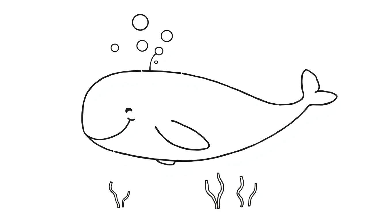 Dessin au trait d'une baleine amicale soufflant des bulles, avec des algues, pour le color panel.