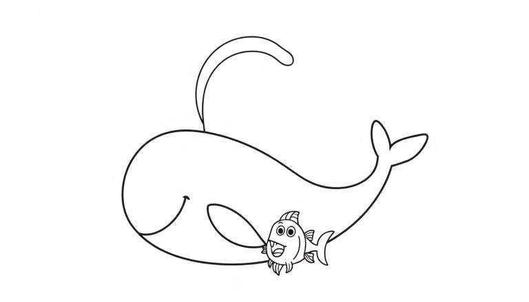 Dessin au trait d'une baleine et d'un poisson, page à colorier.