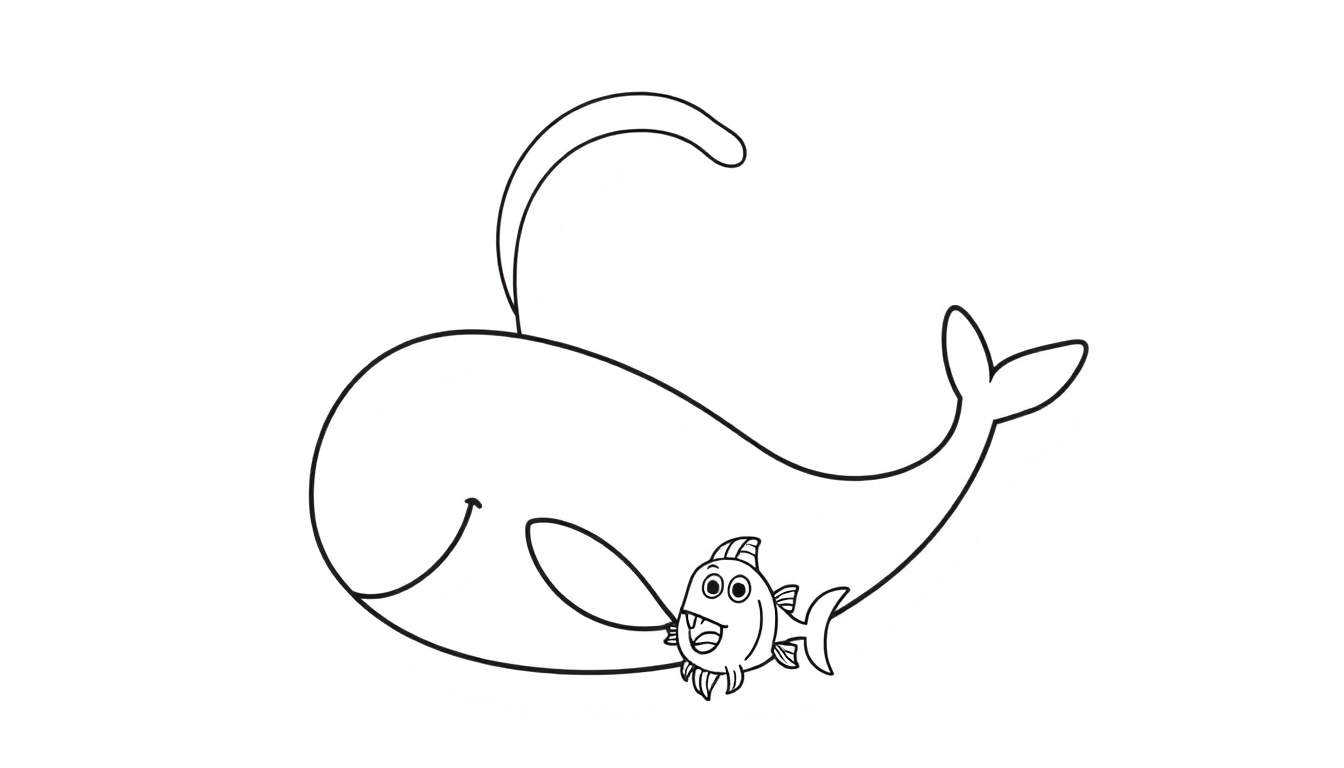 Dessin au trait d'une baleine et d'un poisson, page à colorier.