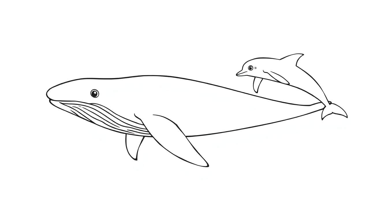 Dessin au trait d'une baleine et d'un dauphin, style livre de coloriage, color panel.
