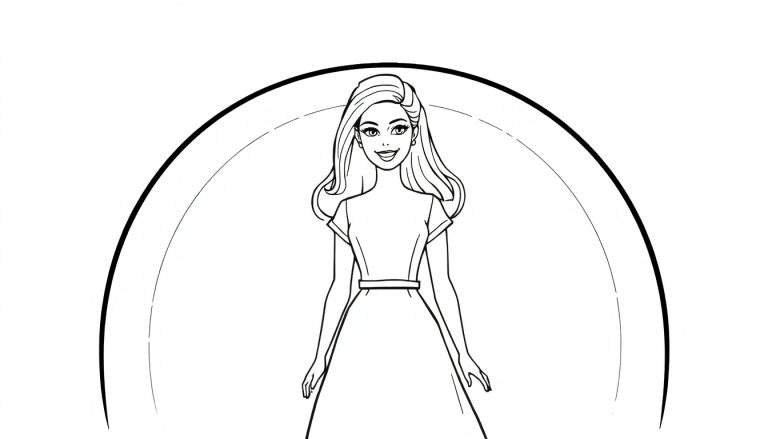 Esquisse en noir et blanc de Barbie dans un arc, prête pour un color panel.