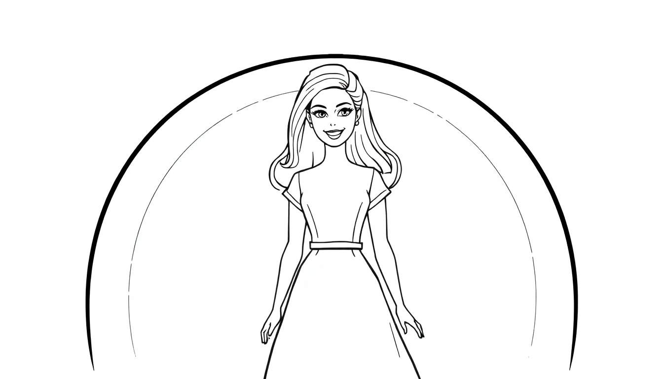 Esquisse en noir et blanc de Barbie dans un arc, prête pour un color panel.