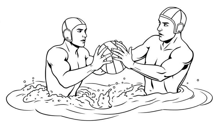 Deux joueurs de water-polo s'affrontent pour le ballon dans l'eau, leurs bonnets de water-polo visibles.