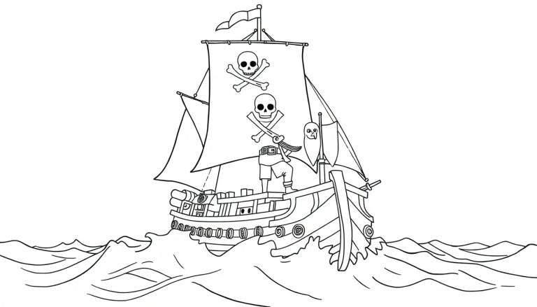 Dessin de bateau pirate avec drapeau tête de mort sur mer agitée pour un color panel.