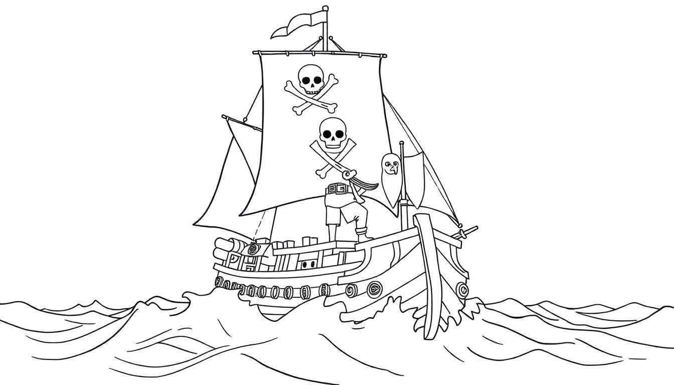 Dessin de bateau pirate avec drapeau tête de mort sur mer agitée pour un color panel.