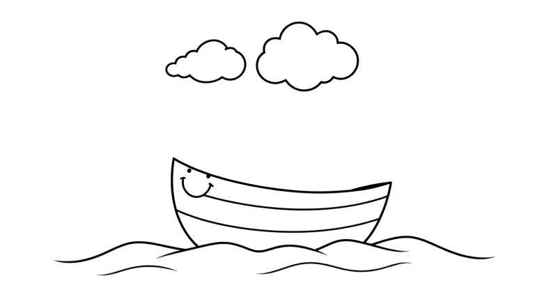 Un bateau amical avec un visage souriant sur le côté, naviguant sur des vagues douces sous des nuages, un panneau de coloration noir et blanc.