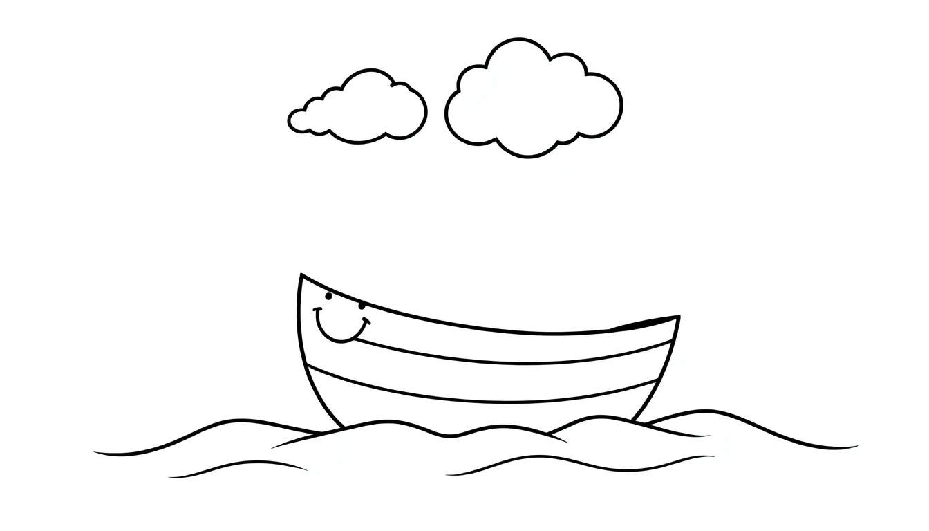 Un bateau amical avec un visage souriant sur le côté, naviguant sur des vagues douces sous des nuages, un panneau de coloration noir et blanc.