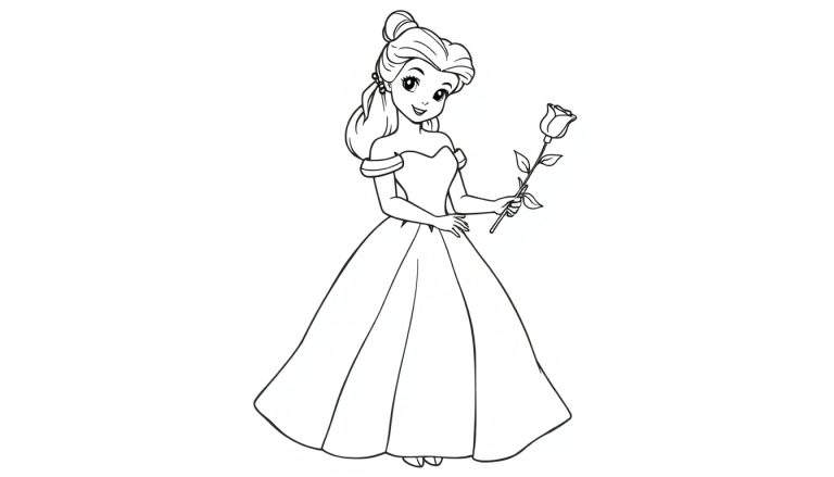 Dessin au trait de Belle tenant une rose, prêt pour le coloriage.