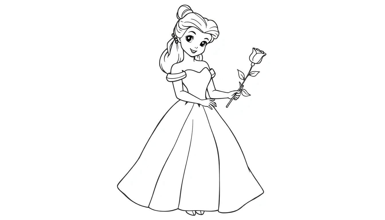 Dessin au trait de Belle tenant une rose, prêt pour le coloriage.