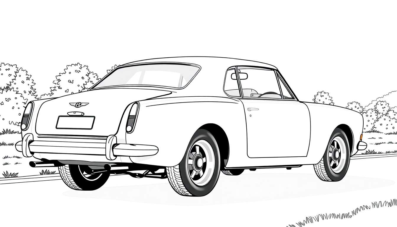 Dessin au trait d'une voiture classique Bentley vue de l'arrière, pour le color panel.