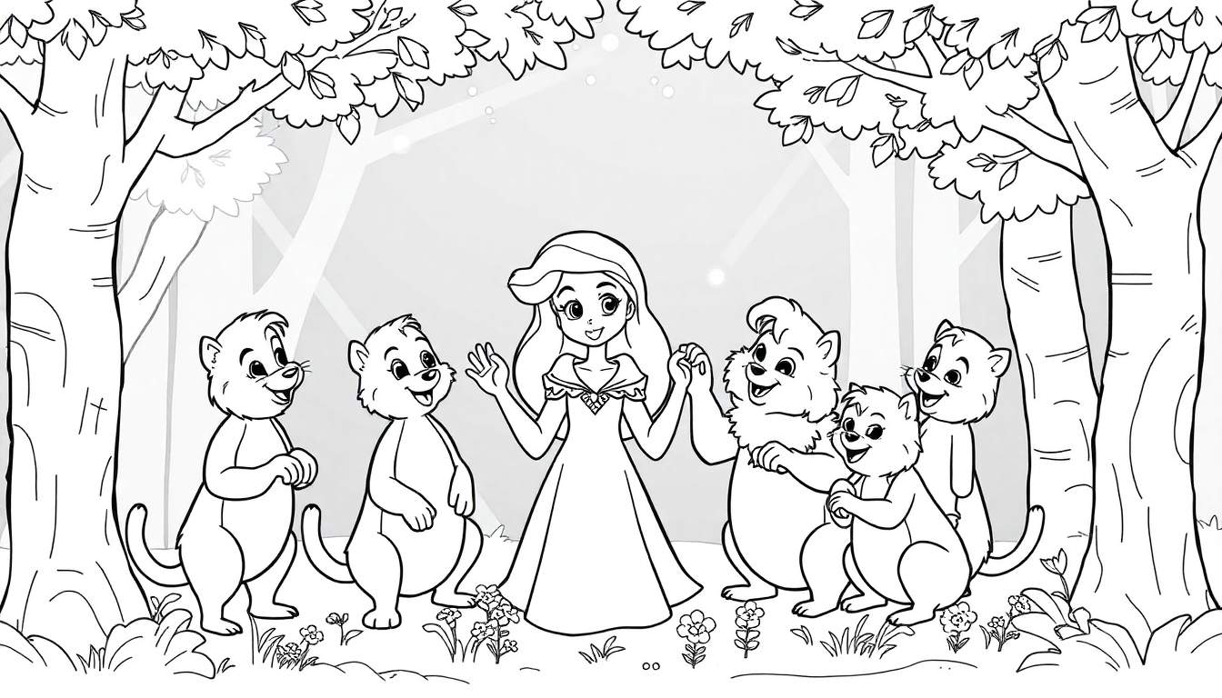 Dessin au trait noir et blanc d'une jeune femme dans une forêt avec des animaux joyeux, prêt pour le coloriage.