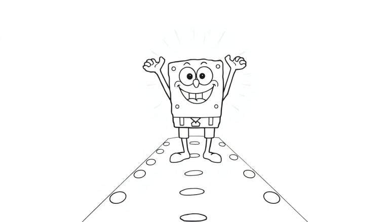 Dessin en noir et blanc de Bob l'éponge sur une plateforme avec des cercles, type color panel.