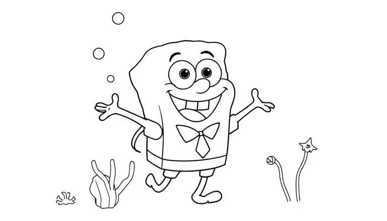 Dessin au trait de Bob l'éponge souriant avec les bras ouverts, entouré de bulles et de plantes marines.