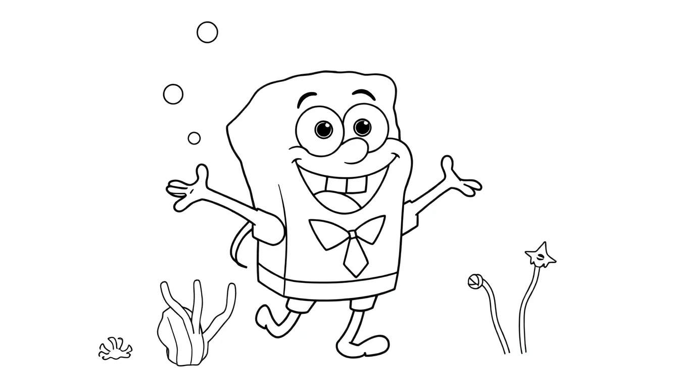 Dessin au trait de Bob l'éponge souriant avec les bras ouverts, entouré de bulles et de plantes marines.