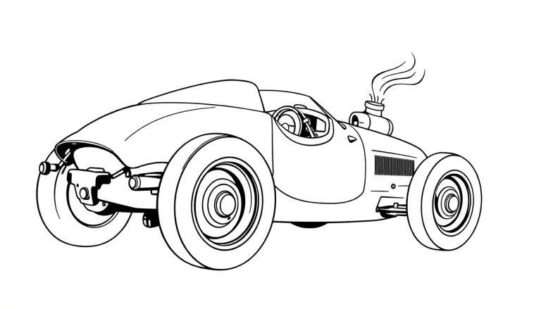 Dessin d'une voiture de course vintage de style dessin animé, avec de grandes ailes, des roues épaisses et un pot d'échappement qui crache de la fumée.