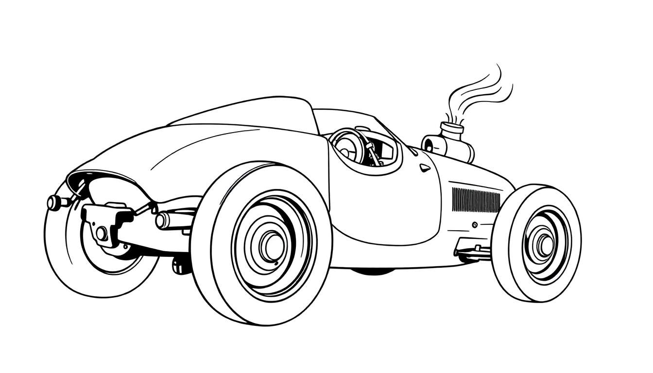 Dessin d'une voiture de course vintage de style dessin animé, avec de grandes ailes, des roues épaisses et un pot d'échappement qui crache de la fumée.