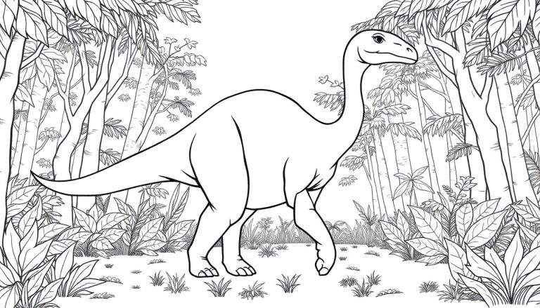 Un dinosaure gentil au long cou prêt à être colorisé dans une jungle préhistorique.
