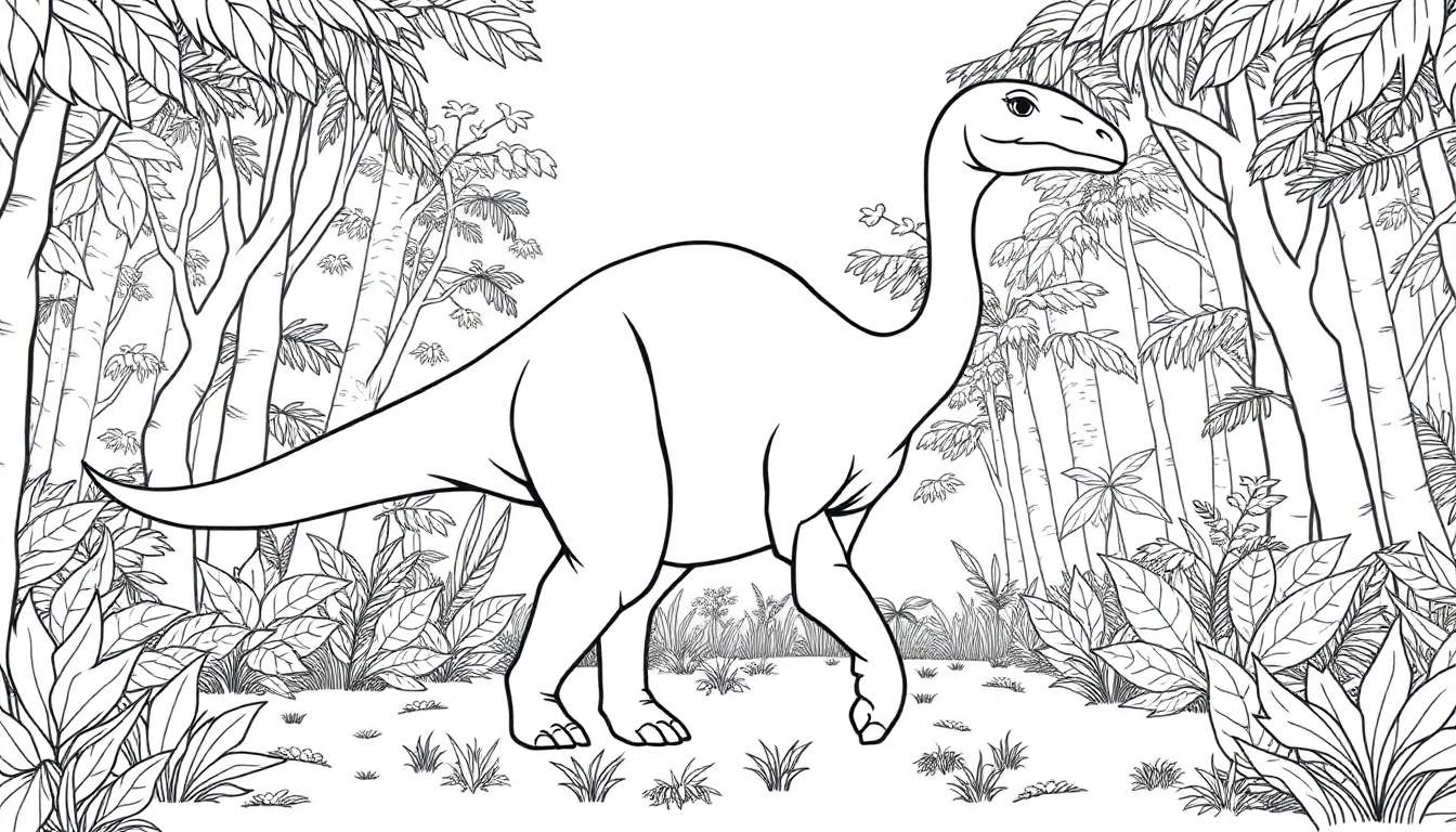 Un dinosaure gentil au long cou prêt à être colorisé dans une jungle préhistorique.