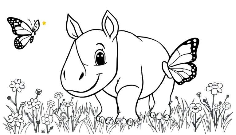 Un bébé rhinocéros coloré avec des ailes de papillon dans un champ de fleurs.
