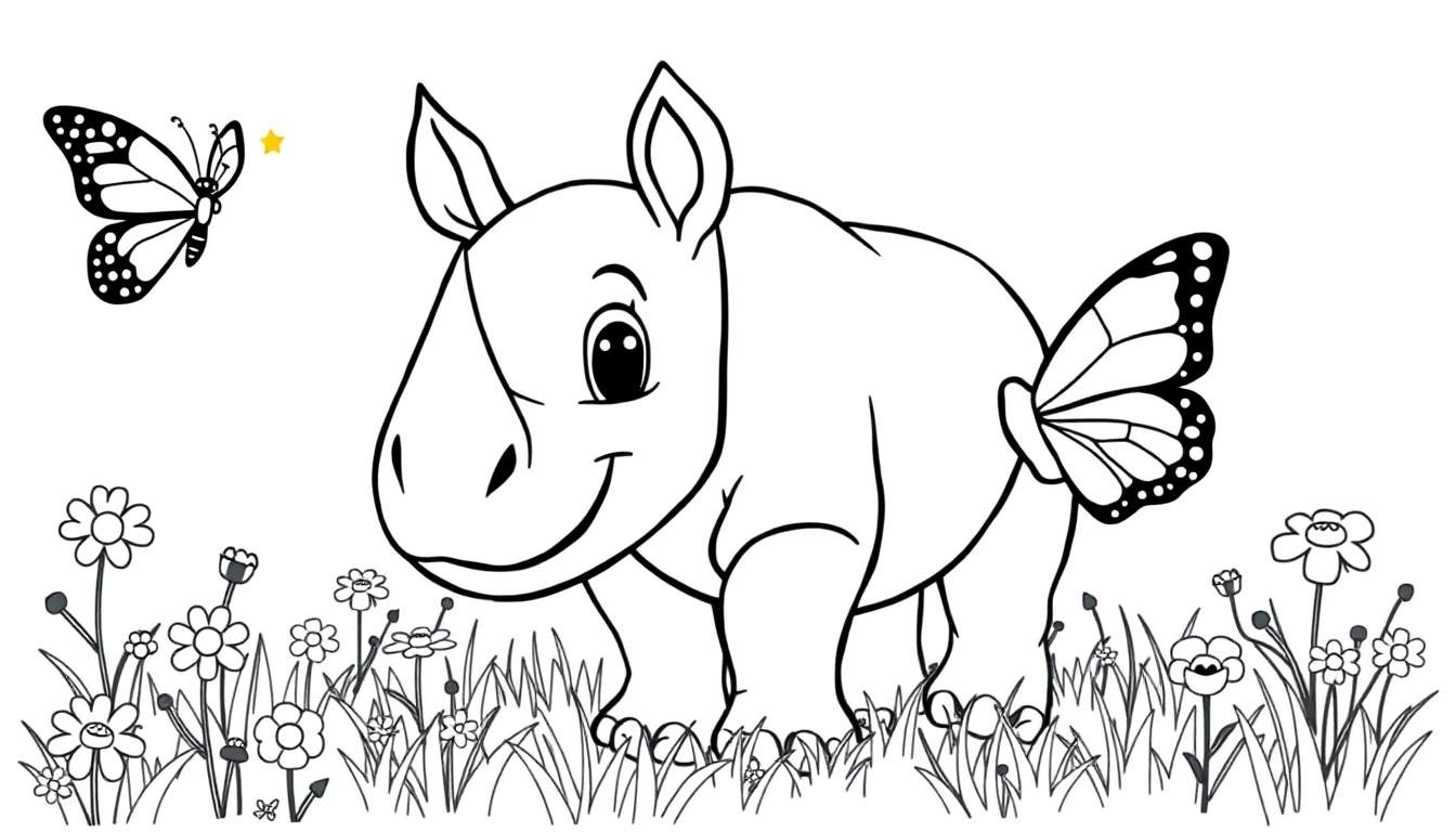 Un bébé rhinocéros coloré avec des ailes de papillon dans un champ de fleurs.