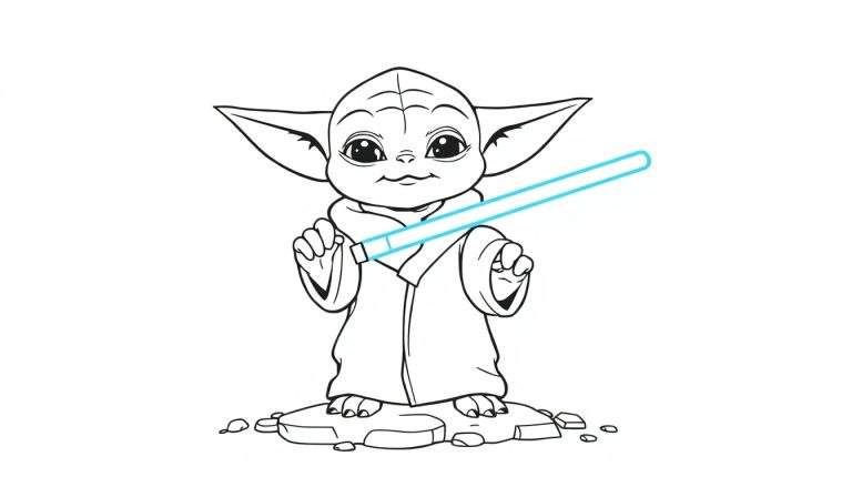 Bébé Yoda en robe Jedi avec un sabre laser bleu, prêt pour une aventure de coloriage du color panel Star Wars.