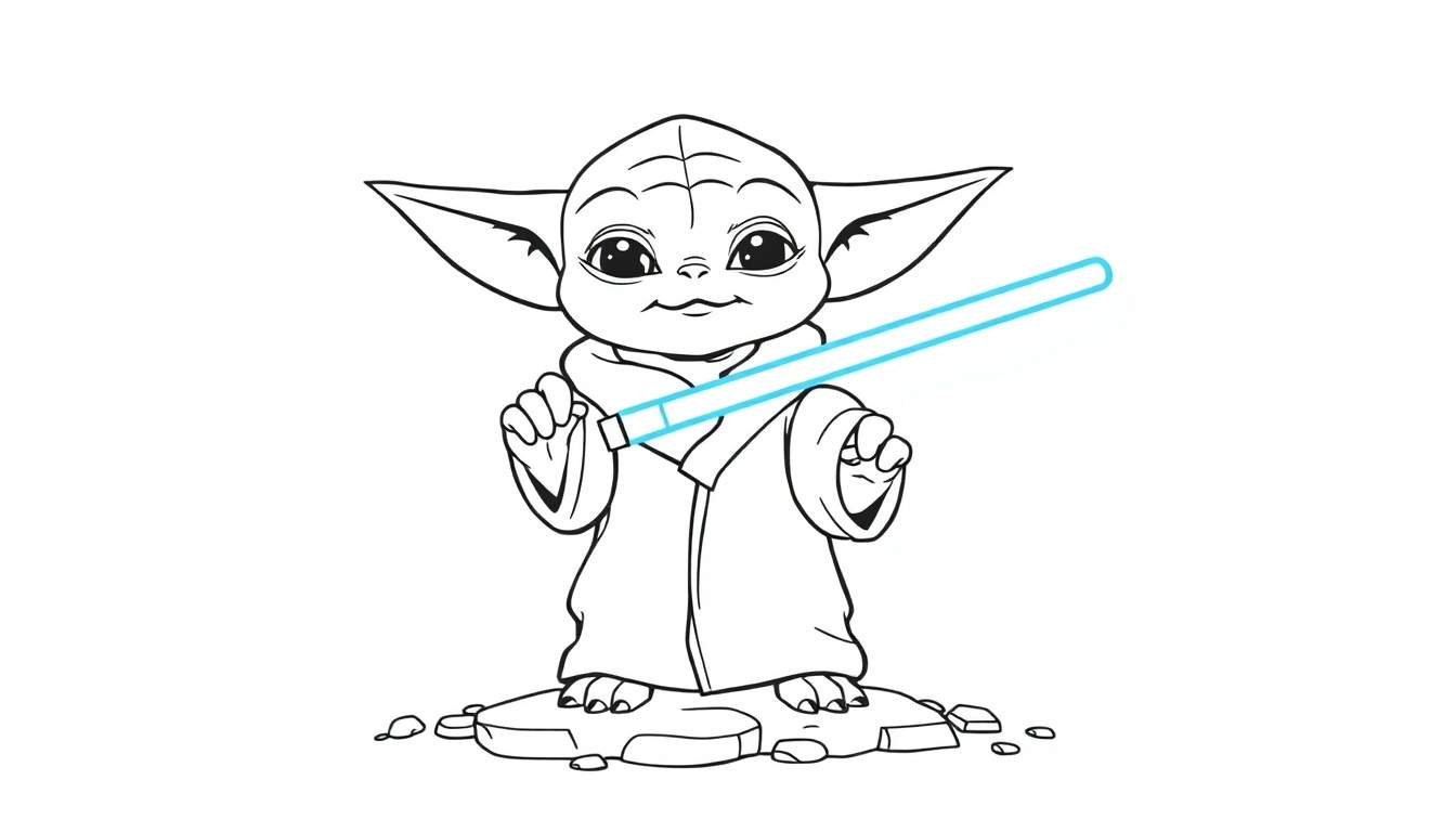 Bébé Yoda en robe Jedi avec un sabre laser bleu, prêt pour une aventure de coloriage du color panel Star Wars.