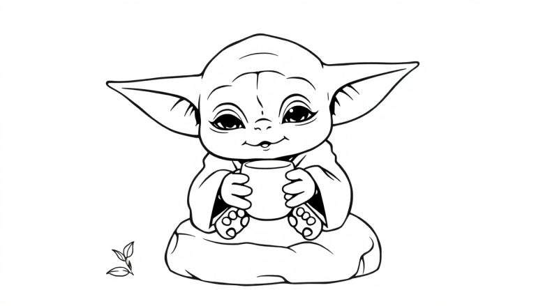 Grogu, le bébé Yoda, assis et tenant une tasse, dans un style livre de coloriage.