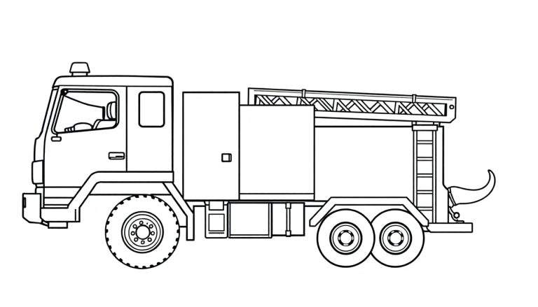 Un dessin au trait d'un camion de pompiers avec une échelle, prêt à être colorié.