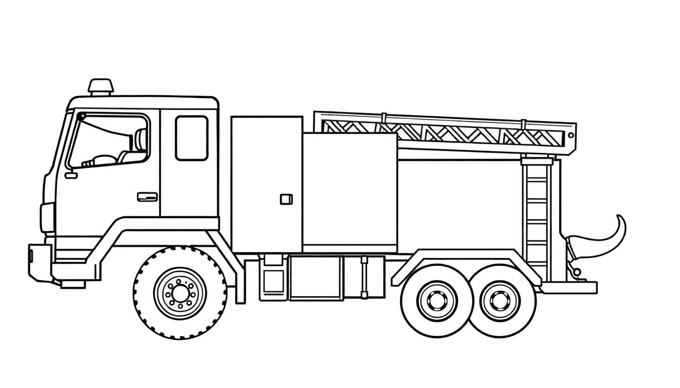 Un dessin au trait d'un camion de pompiers avec une échelle, prêt à être colorié.