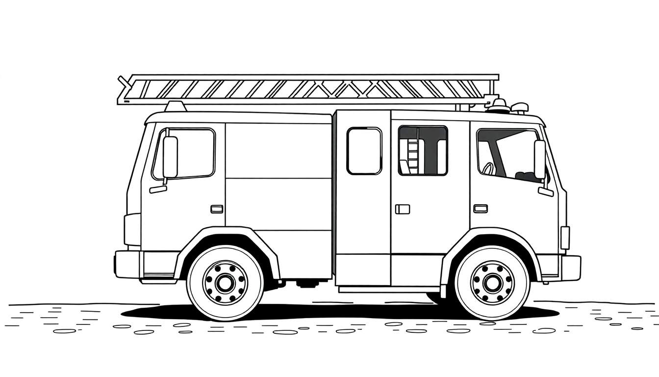 Dessin en noir et blanc d'un camion de pompiers avec une échelle, sur un sol texturé.