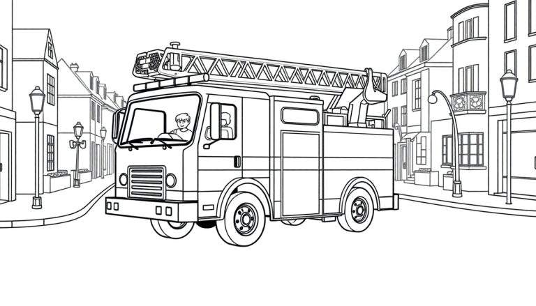 Dessin au trait d'un camion de pompiers dans une rue de ville avec des bâtiments et des lampadaires, prêt à être coloré.
